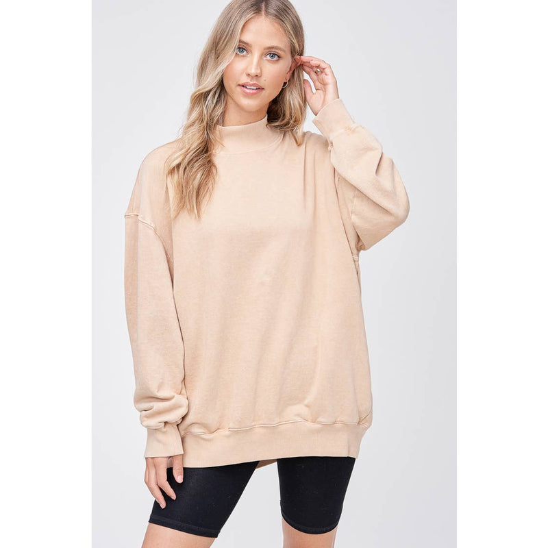 Mock Neck French Terry Sweater- Tan