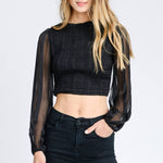 Smocked crop top with sheer long sleeves