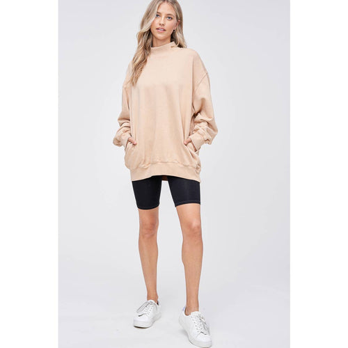 Mock Neck French Terry Sweater- Tan
