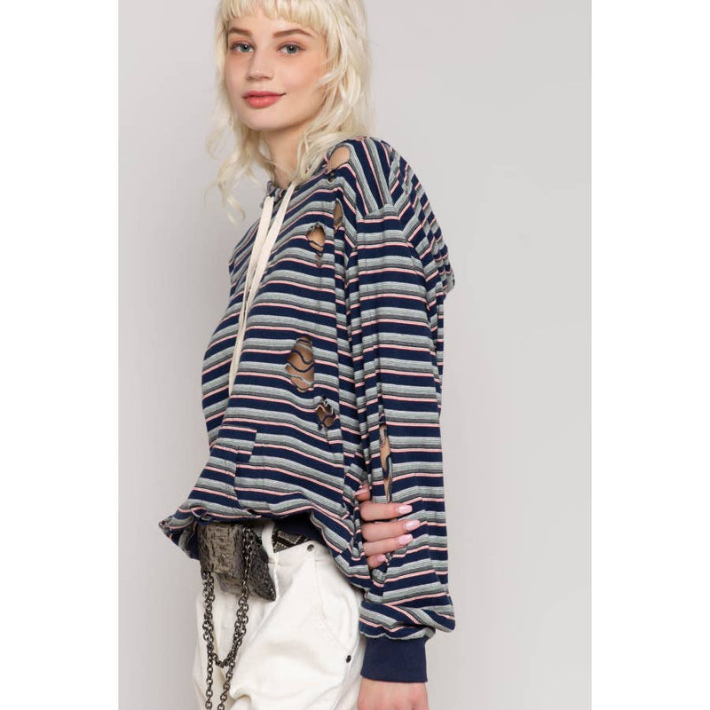 Distressed Multi- Striped Hoodie