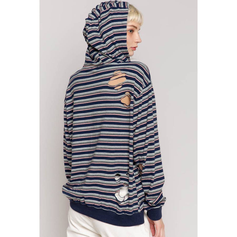 Distressed Multi- Striped Hoodie