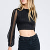 Smocked crop top with sheer long sleeves