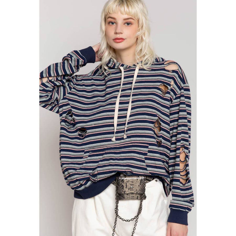 Distressed Multi- Striped Hoodie
